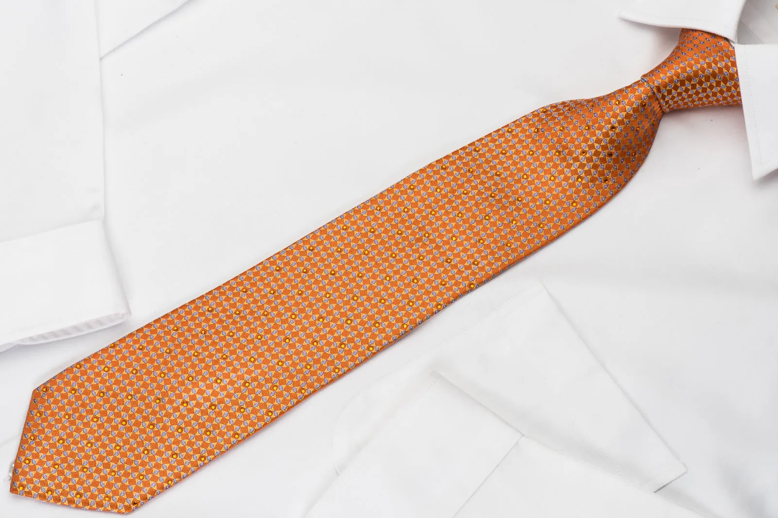 Perry Ellis Rhinestone Necktie Geometric Design On Orange Silk
