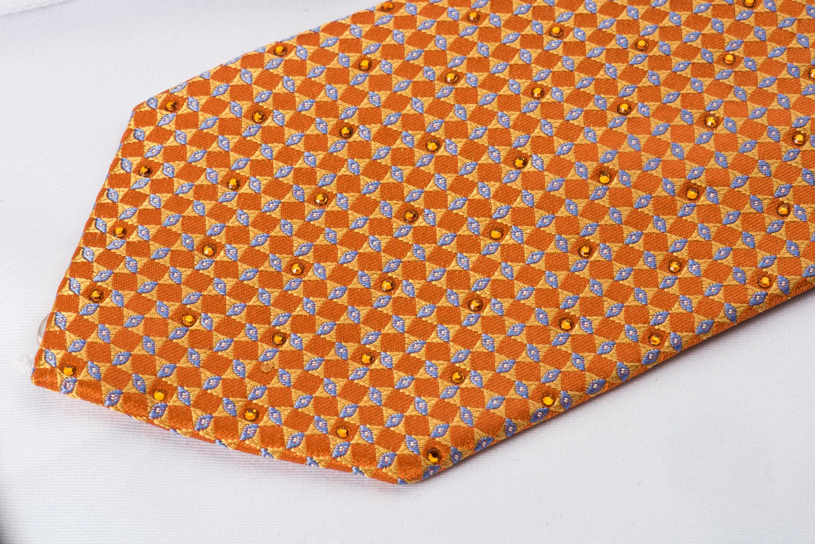 Perry Ellis Rhinestone Necktie Geometric Design On Orange Silk