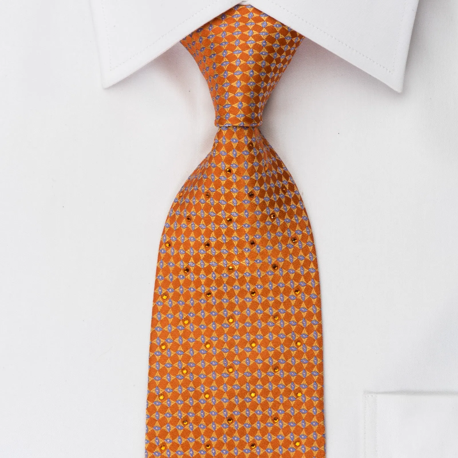 Perry Ellis Rhinestone Necktie Geometric Design On Orange Silk