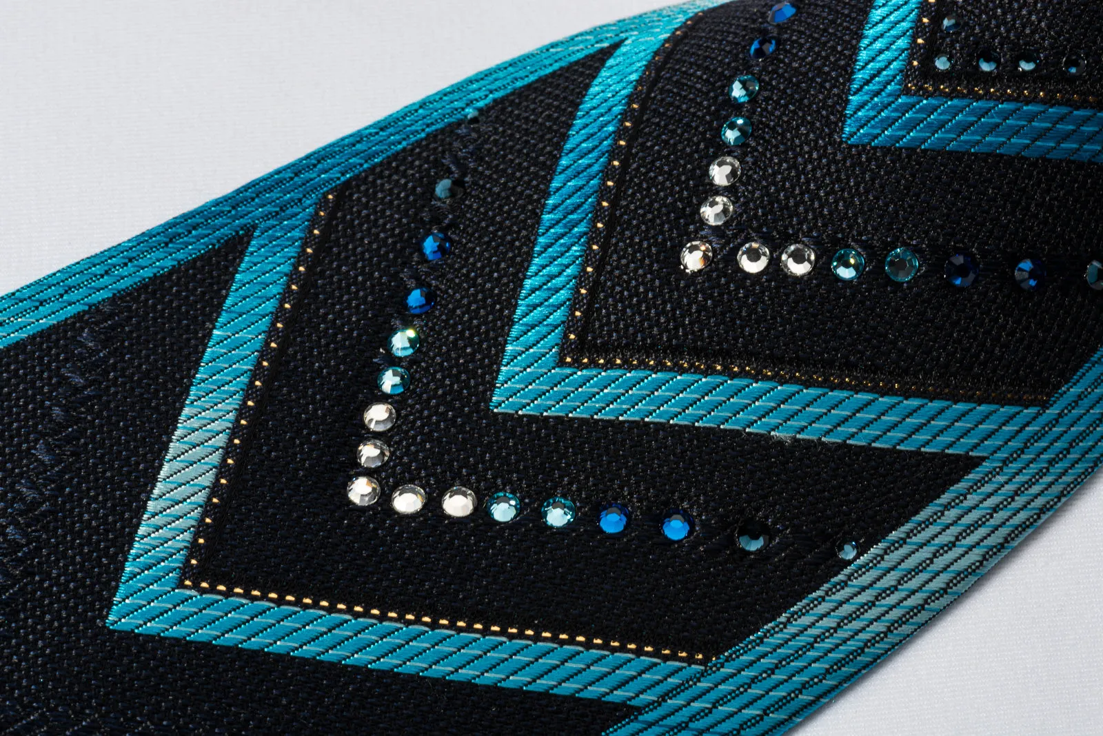 Perry Ellis Rhinestone Silk Necktie Blue V-Stripes On Black With Silver Sparkles
