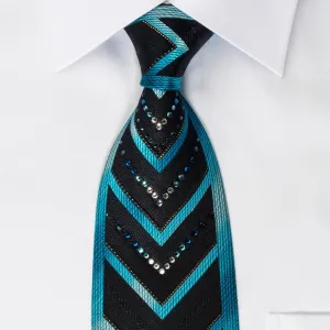 Perry Ellis Rhinestone Silk Necktie Blue V-Stripes On Black With Silver Sparkles