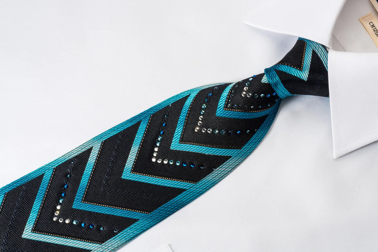 Perry Ellis Rhinestone Silk Necktie Blue V-Stripes On Black With Silver Sparkles