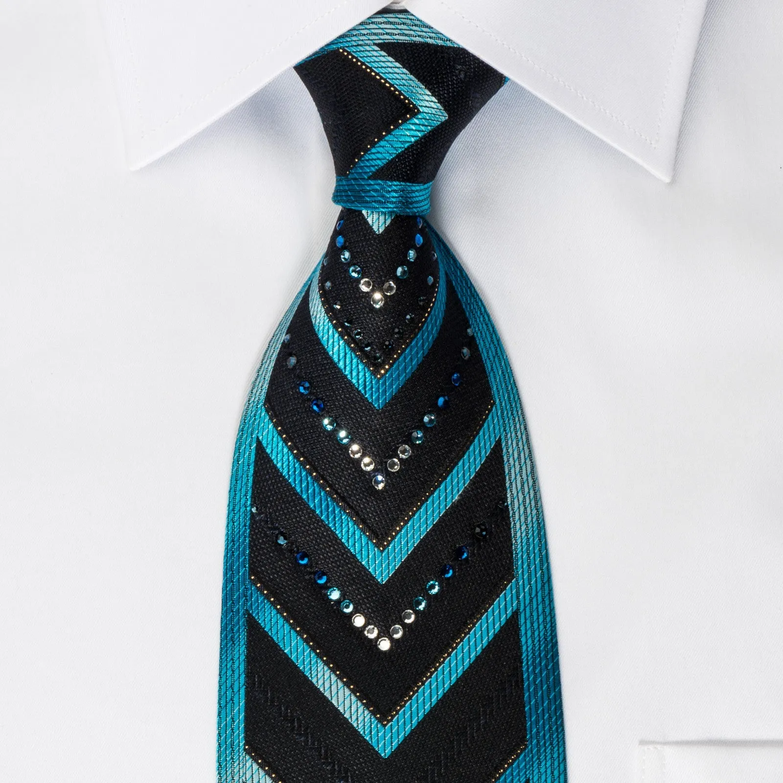 Perry Ellis Rhinestone Silk Necktie Blue V-Stripes On Black With Silver Sparkles