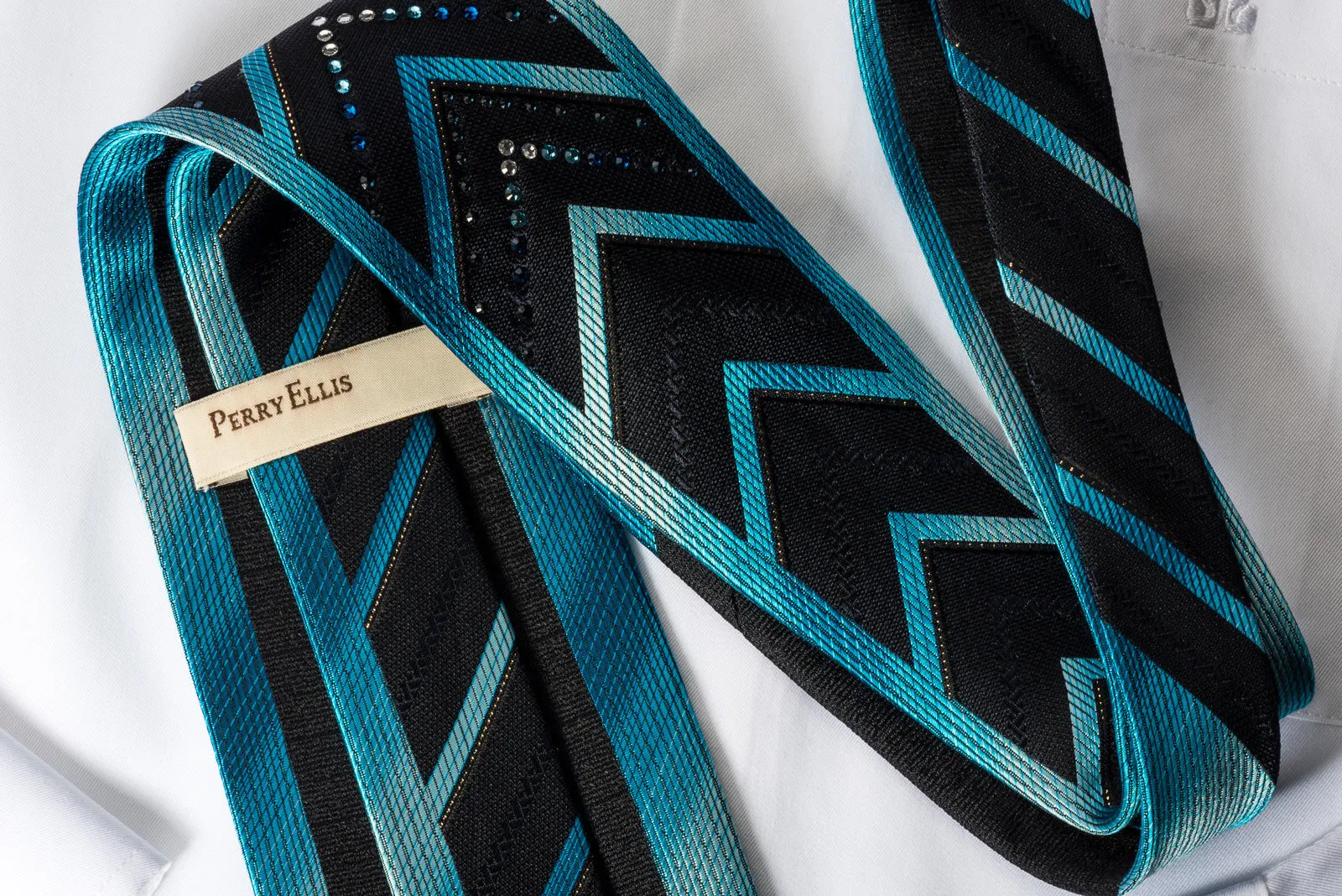 Perry Ellis Rhinestone Silk Necktie Blue V-Stripes On Black With Silver Sparkles