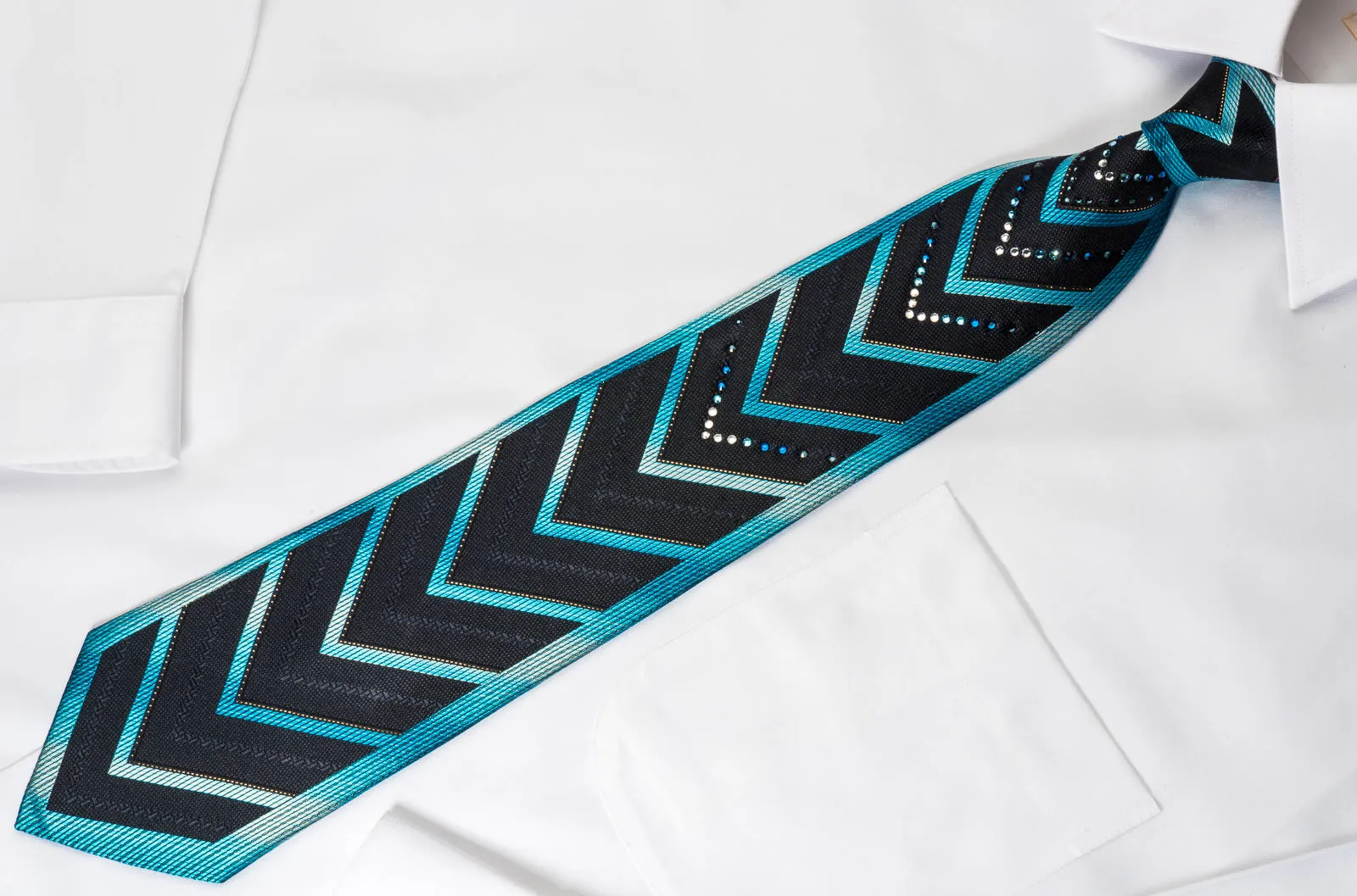 Perry Ellis Rhinestone Silk Necktie Blue V-Stripes On Black With Silver Sparkles