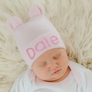 Personalized ilybean Pink Baby Bear Newborn Hospital Hat for girls - newborn girl  hospital hat