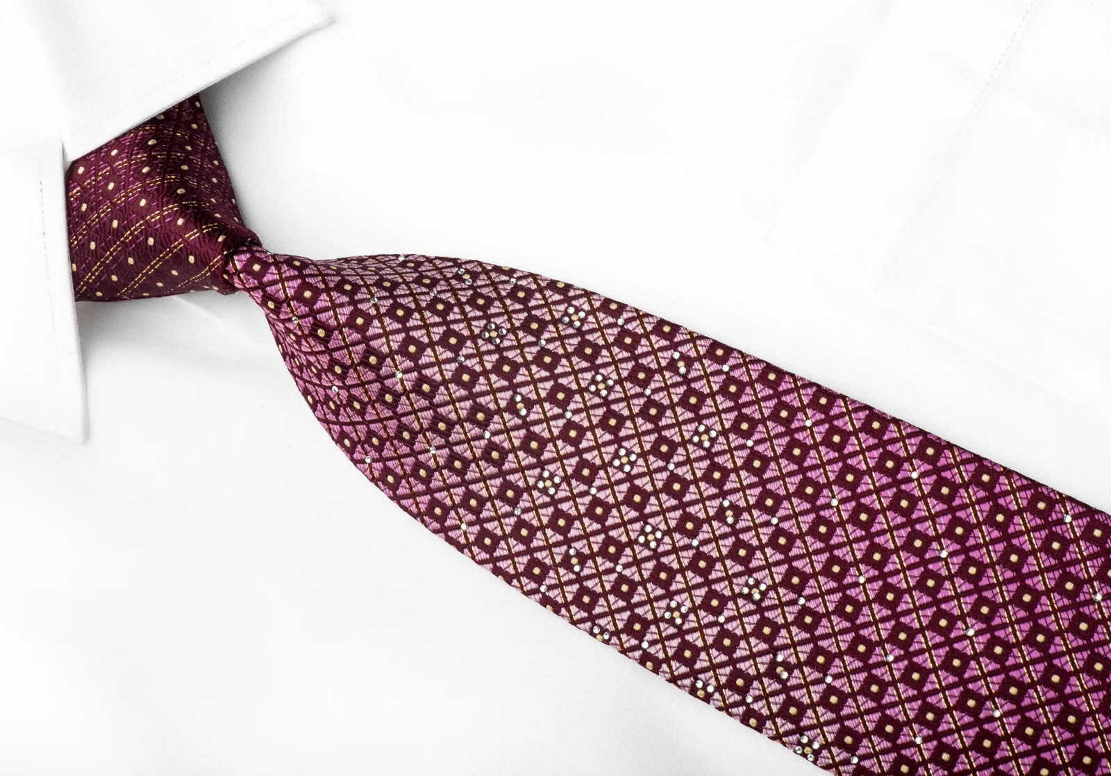 Pierre Cardin Men's Crystal Silk Necktie Checkered & Striped On Burgundy With Gold Sparkles