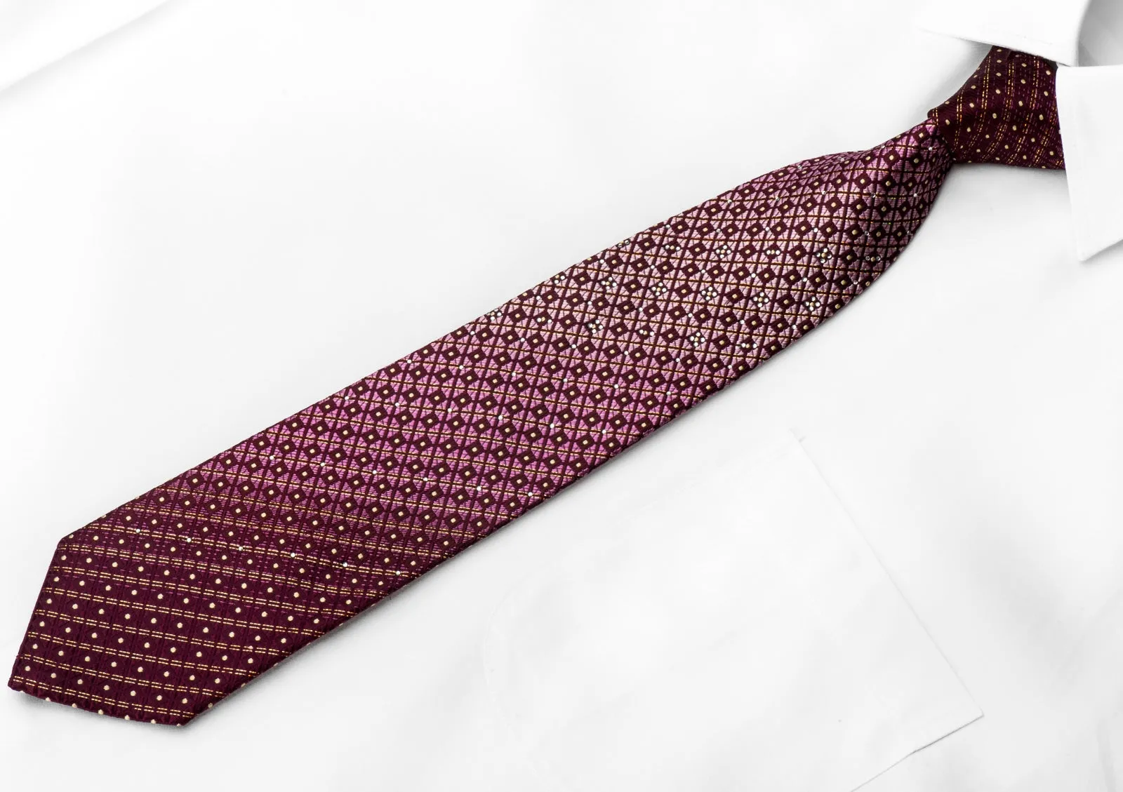 Pierre Cardin Men's Crystal Silk Necktie Checkered & Striped On Burgundy With Gold Sparkles