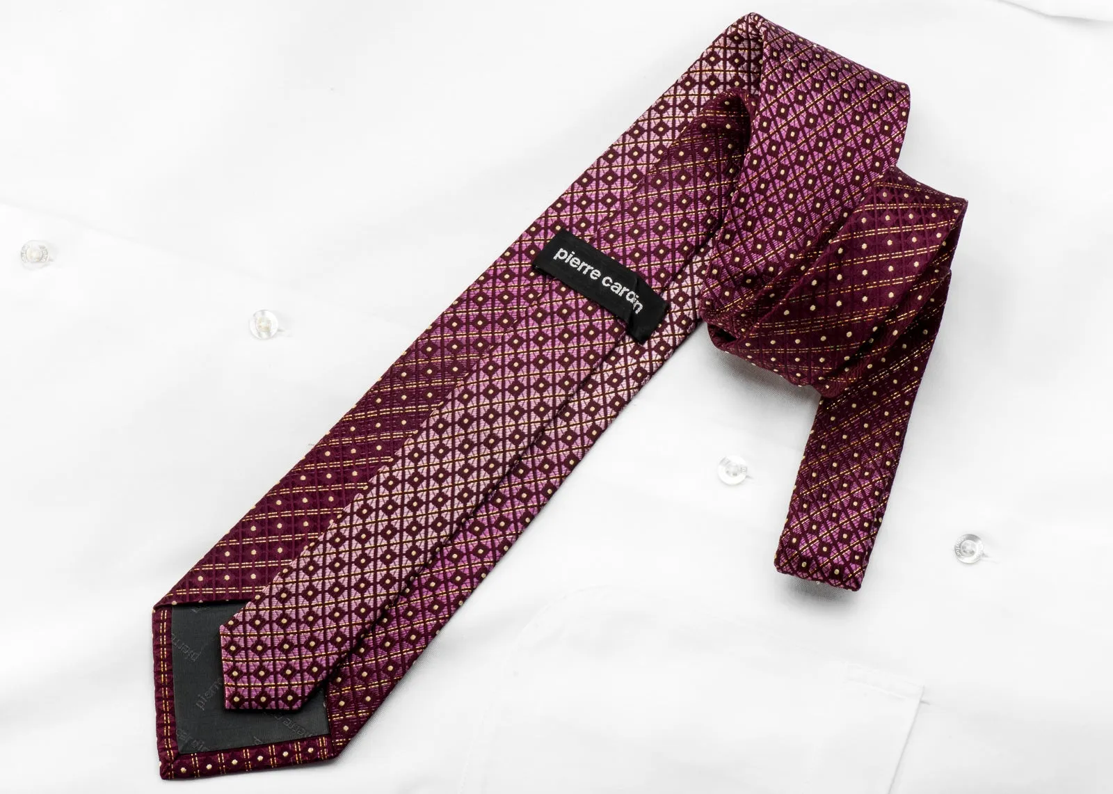 Pierre Cardin Men's Crystal Silk Necktie Checkered & Striped On Burgundy With Gold Sparkles