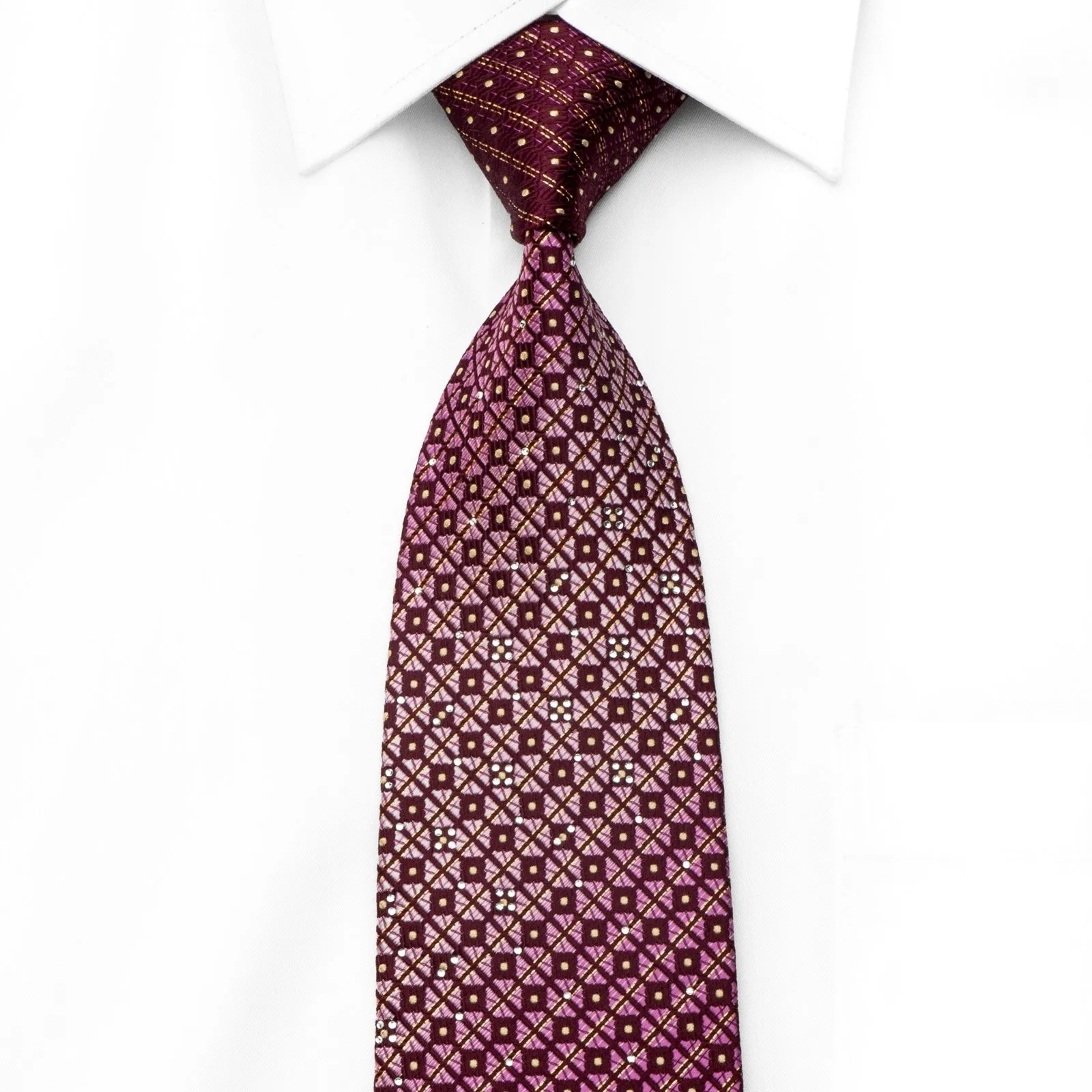 Pierre Cardin Men's Crystal Silk Necktie Checkered & Striped On Burgundy With Gold Sparkles