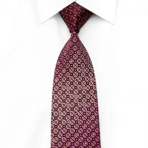 Pierre Cardin Men's Crystal Silk Necktie Checkered & Striped On Burgundy With Gold Sparkles