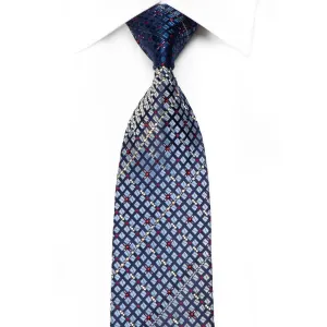 Pierre Cardin Men's Crystal Silk Necktie Geometric Checker On Blue With Sparkles