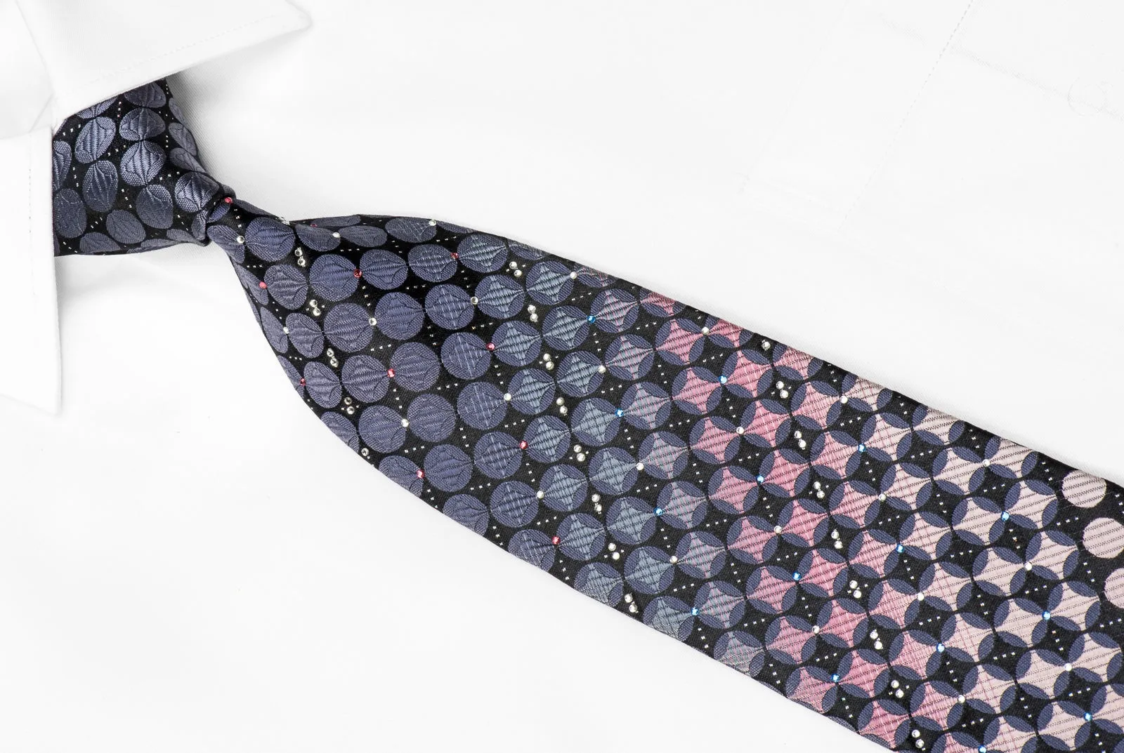 Pierre Cardin Men's Crystal Silk Tie Blue Pink Circles On Black With Silver Sparkles