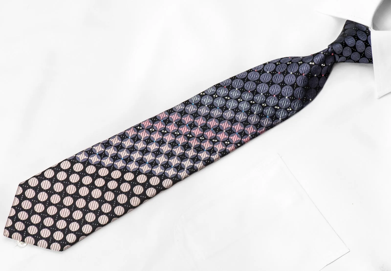 Pierre Cardin Men's Crystal Silk Tie Blue Pink Circles On Black With Silver Sparkles