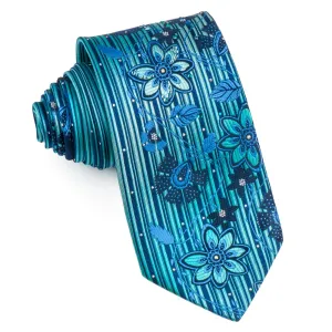 Pierre Cardin Mens Rhinestone Tie Blue Floral Design On Turquoise With Sparkles