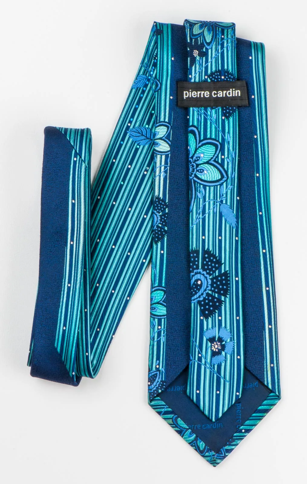 Pierre Cardin Mens Rhinestone Tie Blue Floral Design On Turquoise With Sparkles
