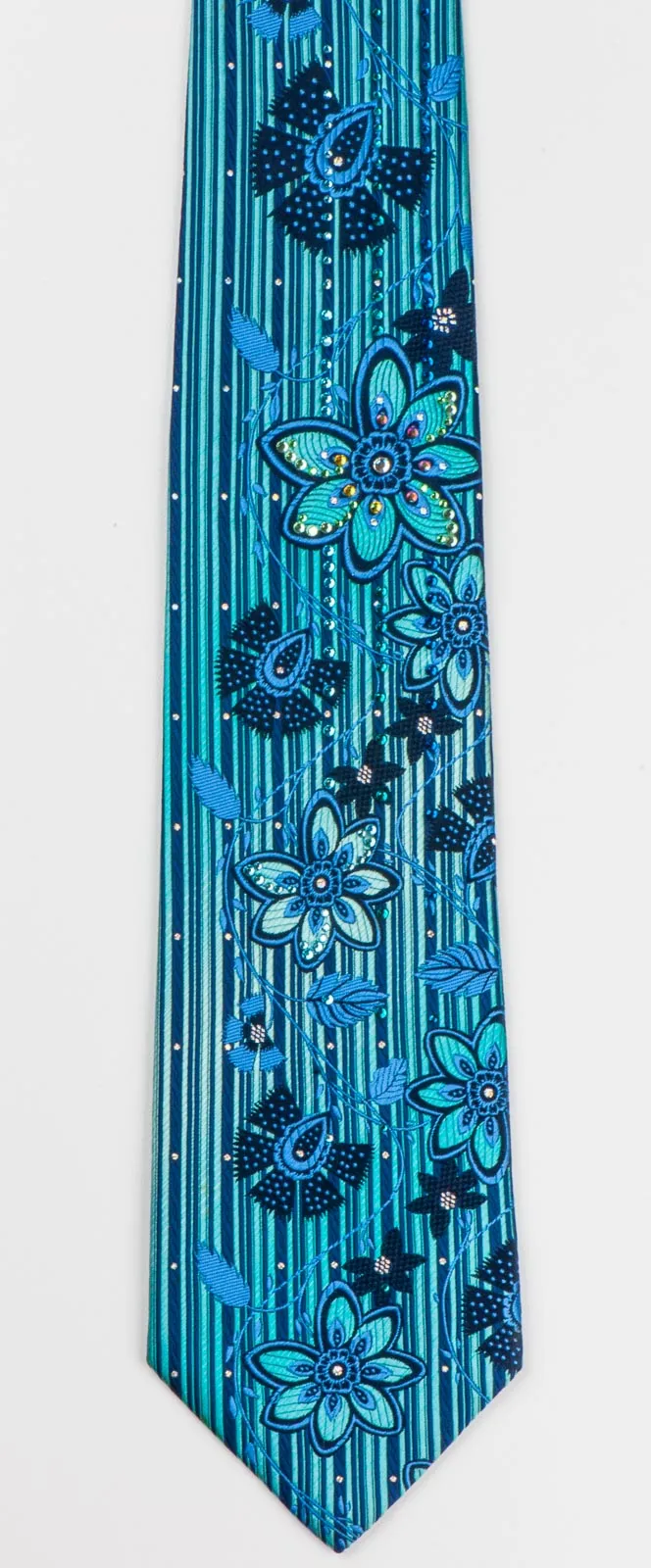 Pierre Cardin Mens Rhinestone Tie Blue Floral Design On Turquoise With Sparkles