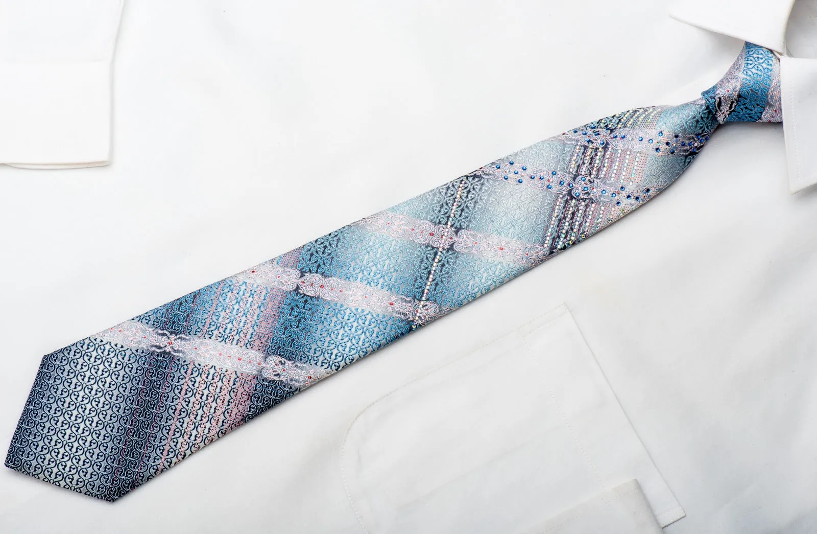Pierre Cardin Men's Silk Necktie Blue Cartouche On Silver Sparkling With Rhinestones