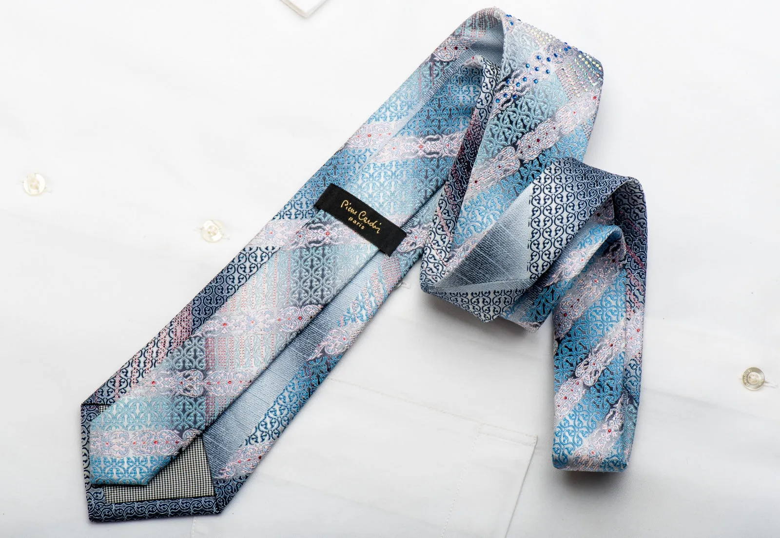 Pierre Cardin Men's Silk Necktie Blue Cartouche On Silver Sparkling With Rhinestones