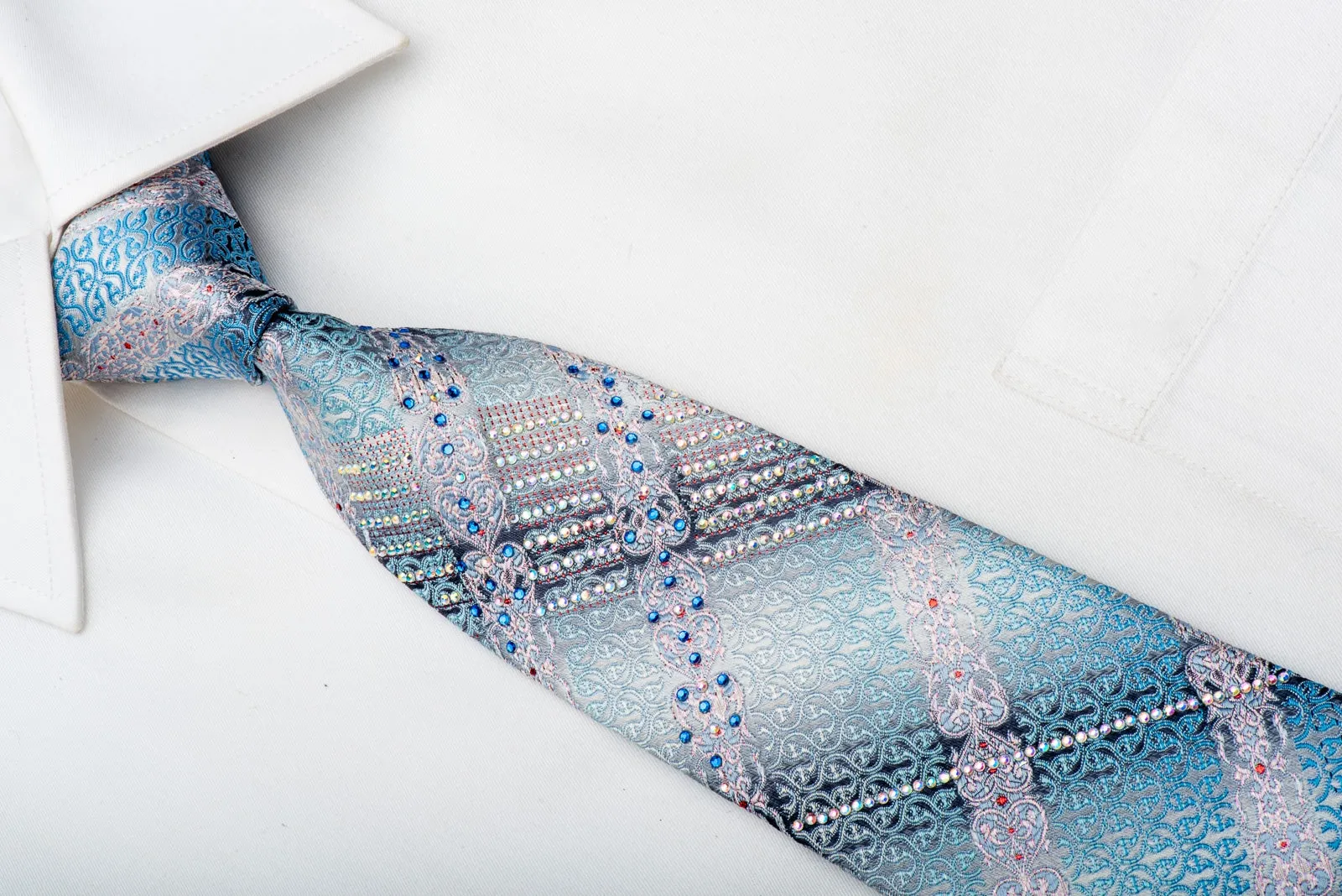 Pierre Cardin Men's Silk Necktie Blue Cartouche On Silver Sparkling With Rhinestones