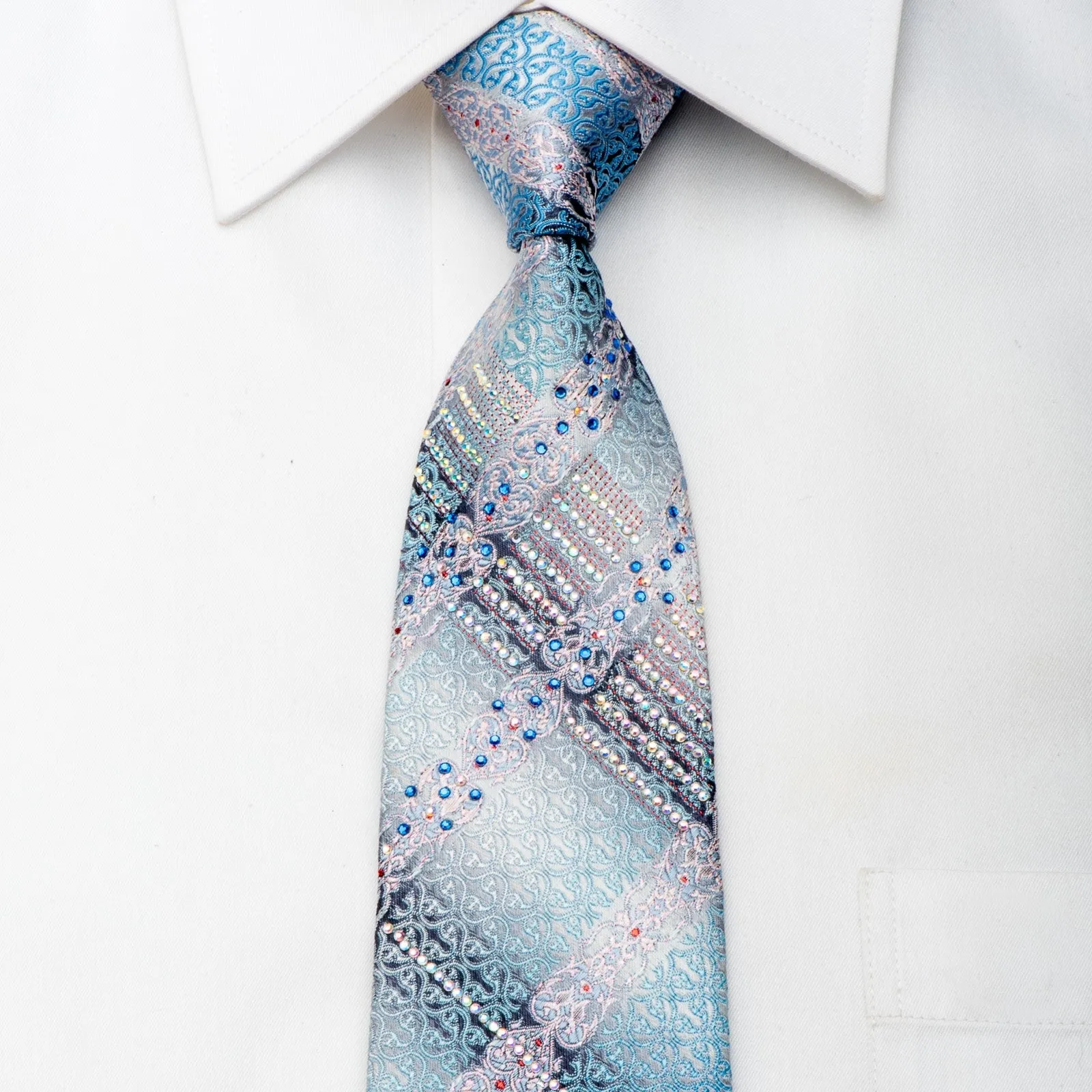 Pierre Cardin Men's Silk Necktie Blue Cartouche On Silver Sparkling With Rhinestones