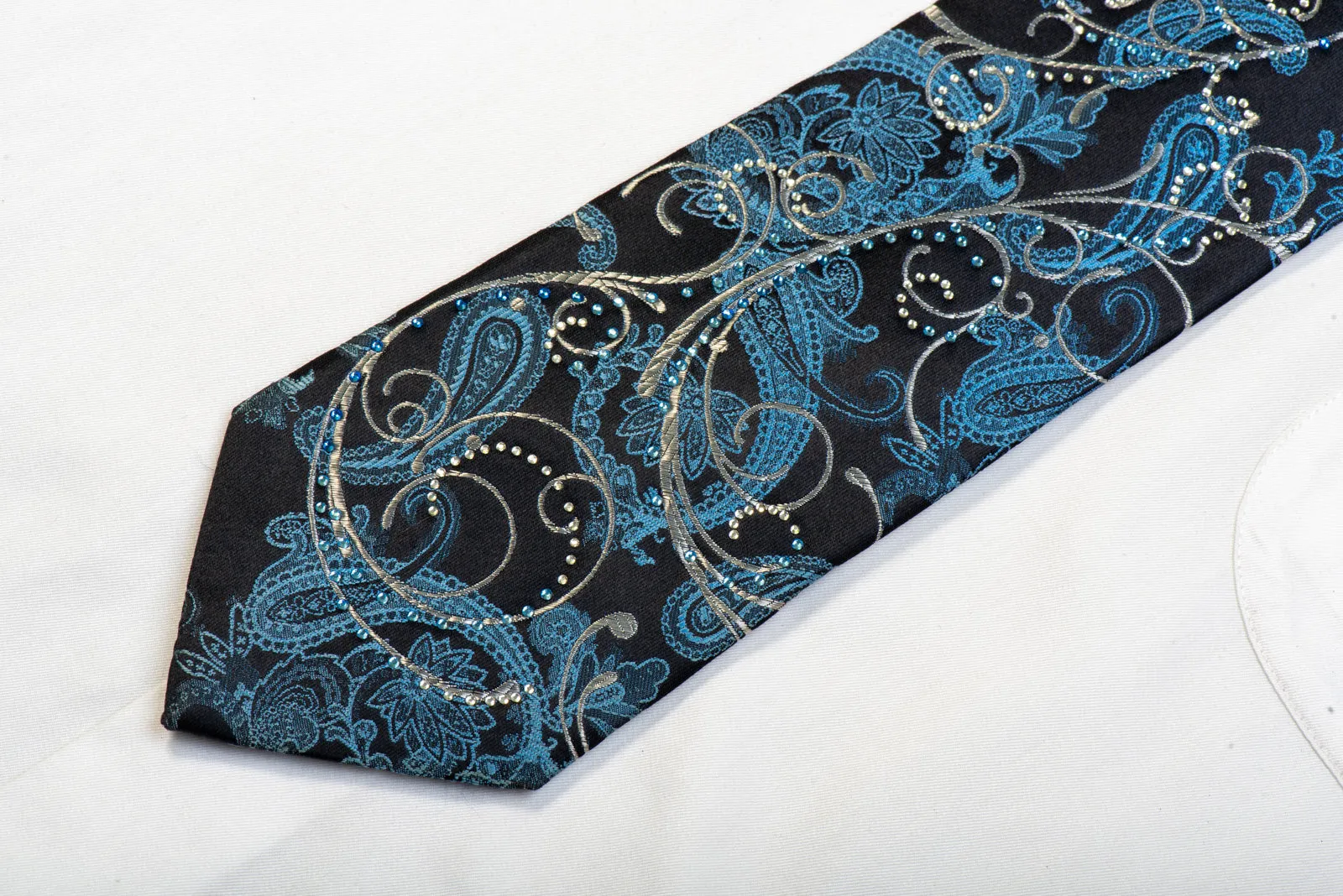 Premierlux Rhinestone Silk Necktie Silver Scrolls Blue Paisley On Navy
