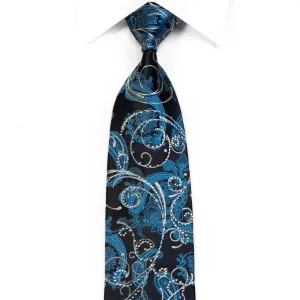 Premierlux Rhinestone Silk Necktie Silver Scrolls Blue Paisley On Navy