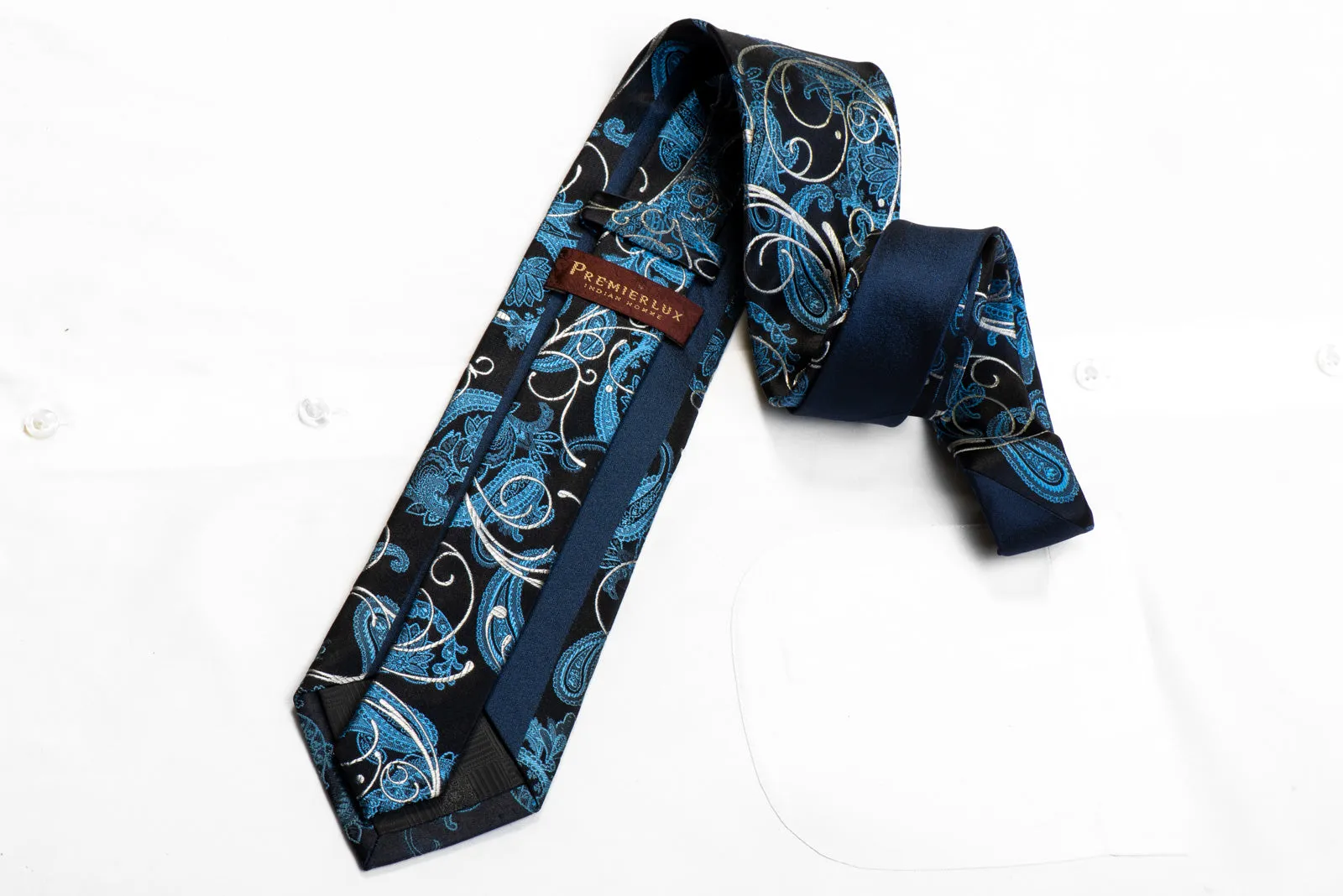 Premierlux Rhinestone Silk Necktie Silver Scrolls Blue Paisley On Navy