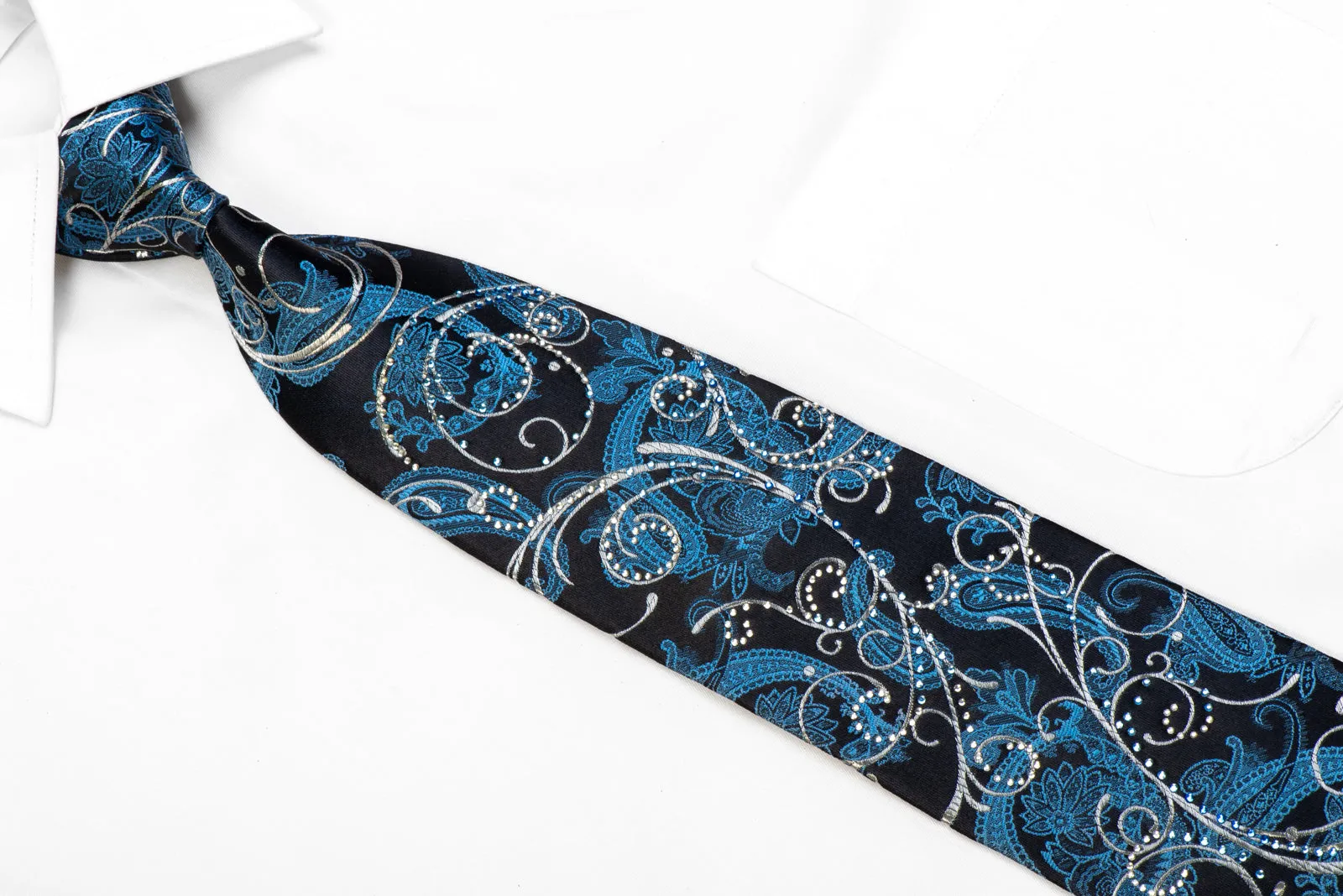 Premierlux Rhinestone Silk Necktie Silver Scrolls Blue Paisley On Navy