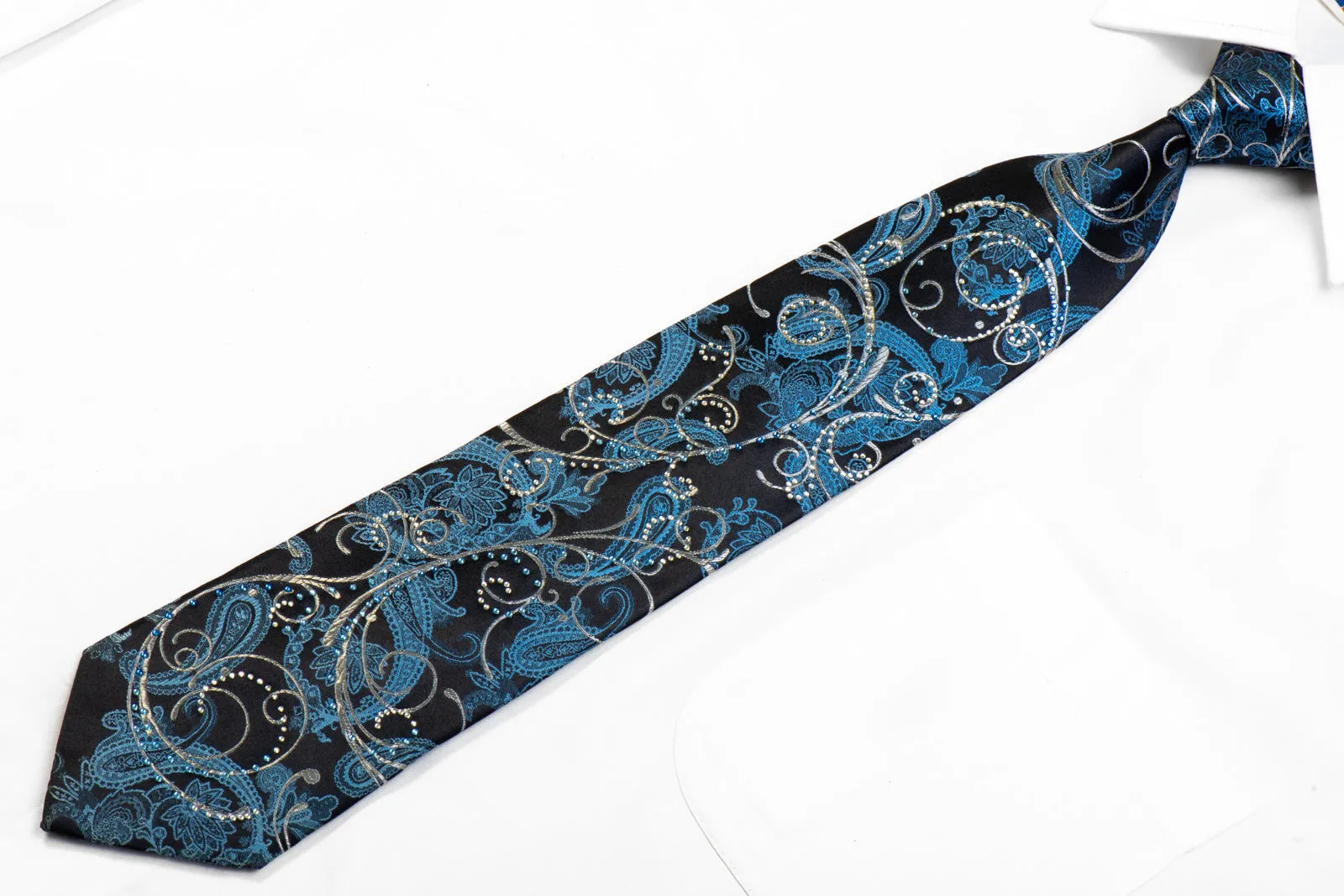 Premierlux Rhinestone Silk Necktie Silver Scrolls Blue Paisley On Navy