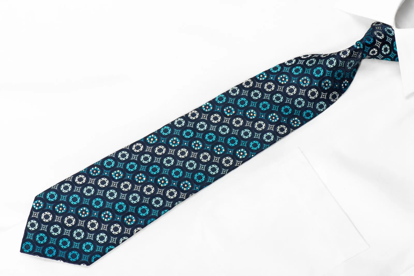 Renoma Men's Crystal Silk Tie Geometric On Navy Sparkling With Rhinestones