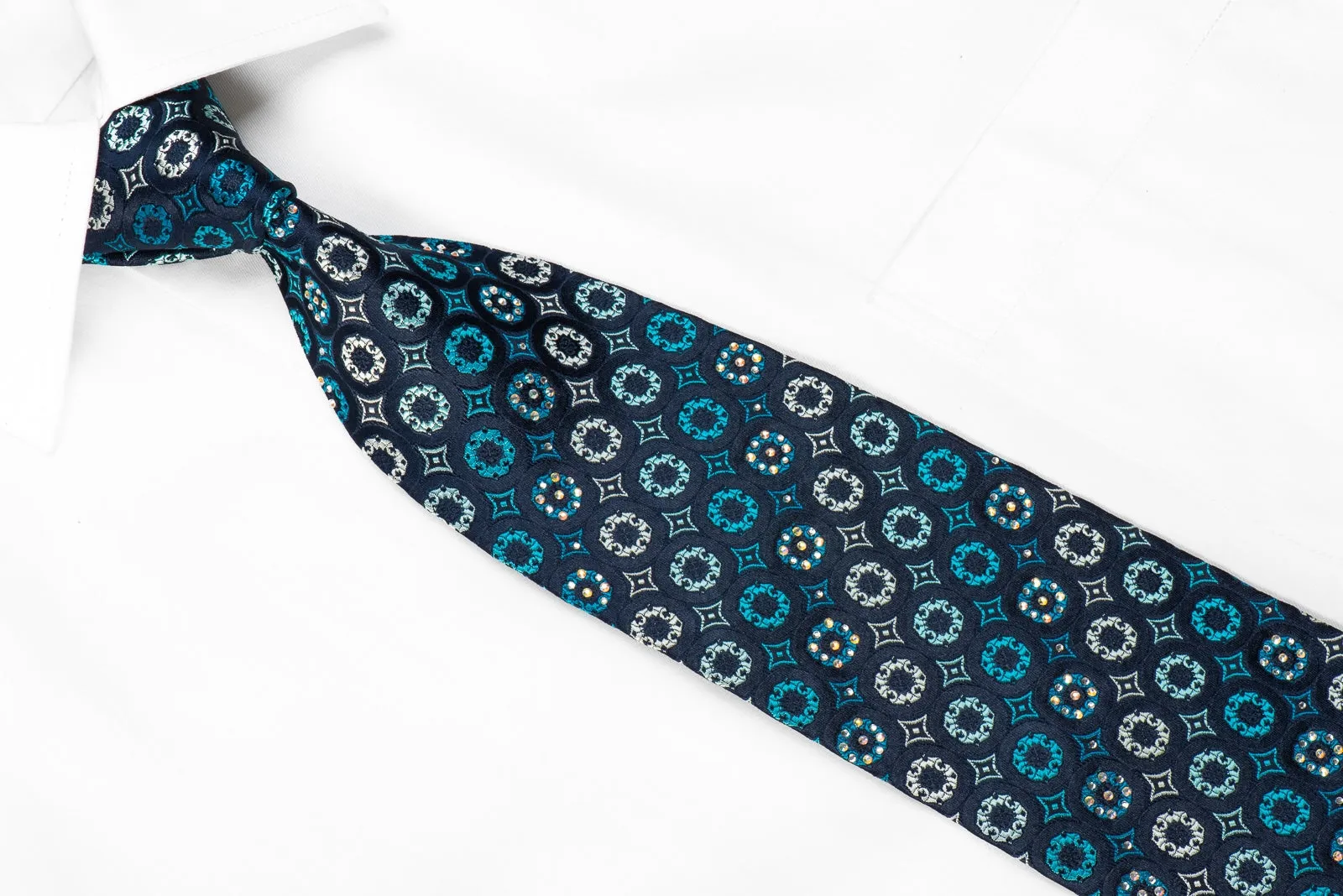 Renoma Men's Crystal Silk Tie Geometric On Navy Sparkling With Rhinestones
