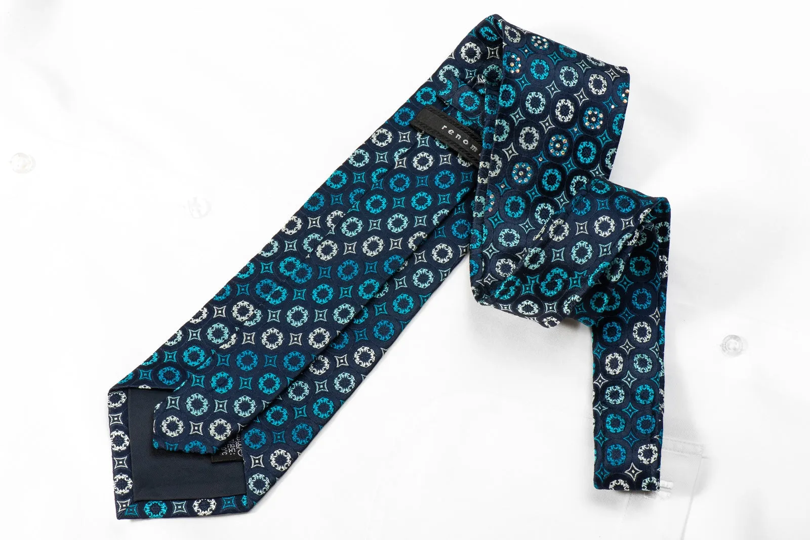 Renoma Men's Crystal Silk Tie Geometric On Navy Sparkling With Rhinestones