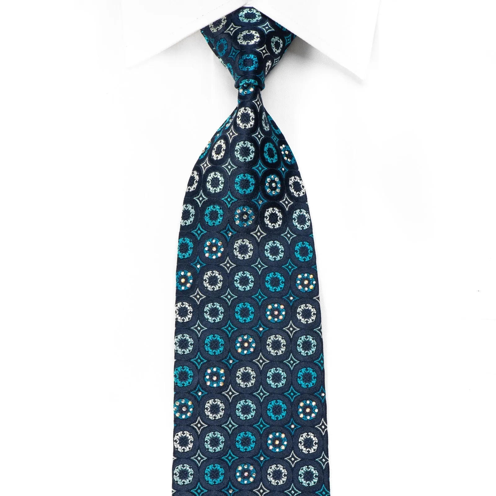 Renoma Men's Crystal Silk Tie Geometric On Navy Sparkling With Rhinestones