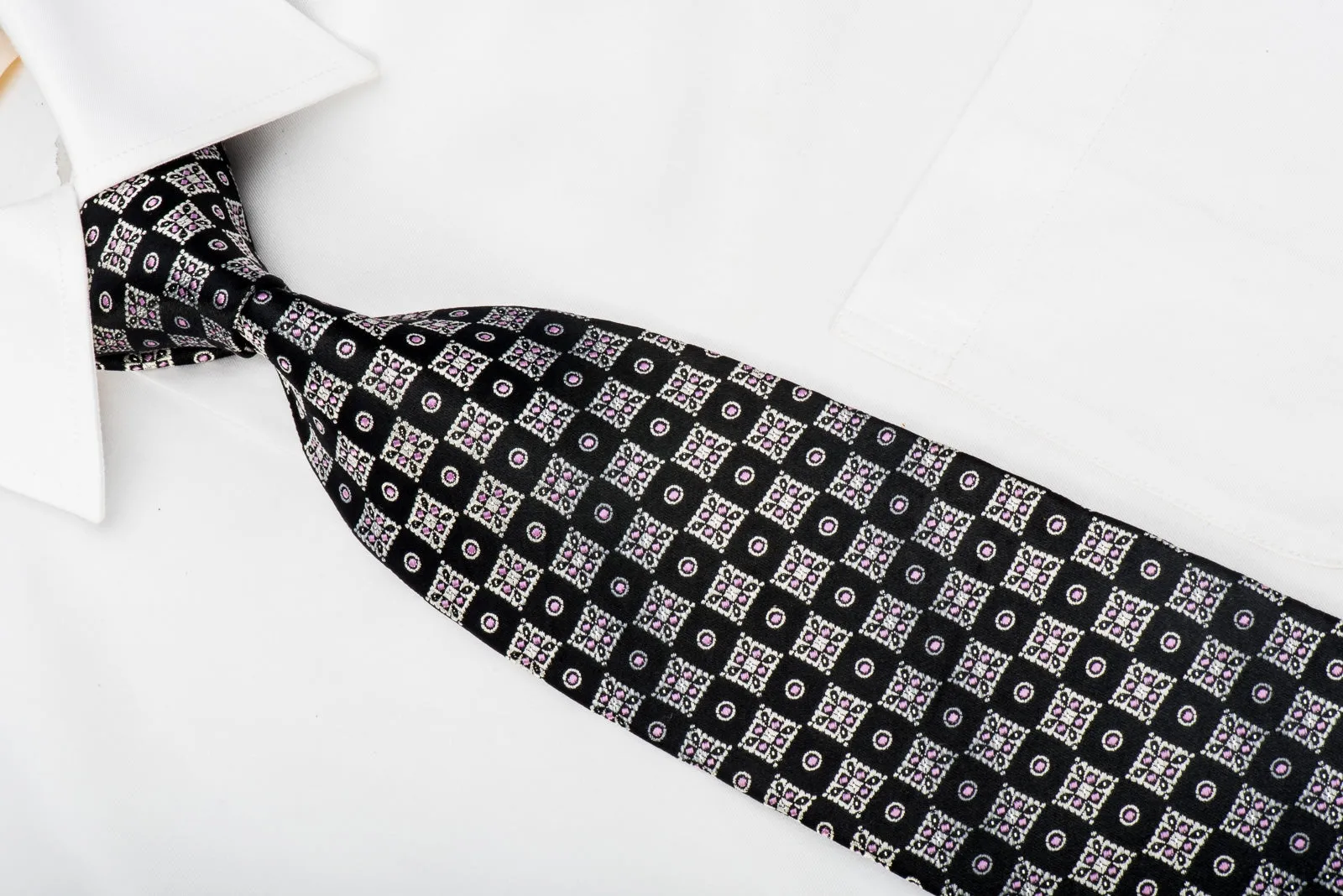 Renoma Men's Silk Tie Silver Checker On Black With Silver Sparkles