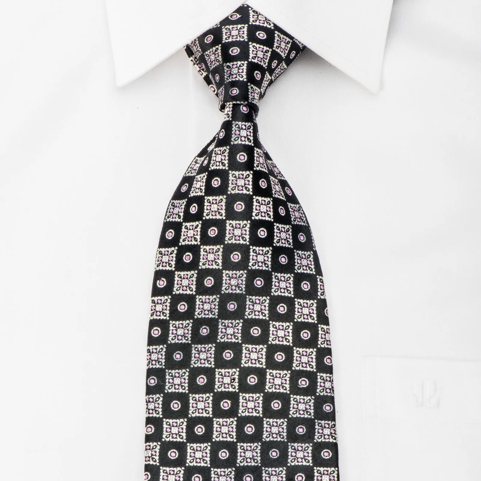 Renoma Men's Silk Tie Silver Checker On Black With Silver Sparkles