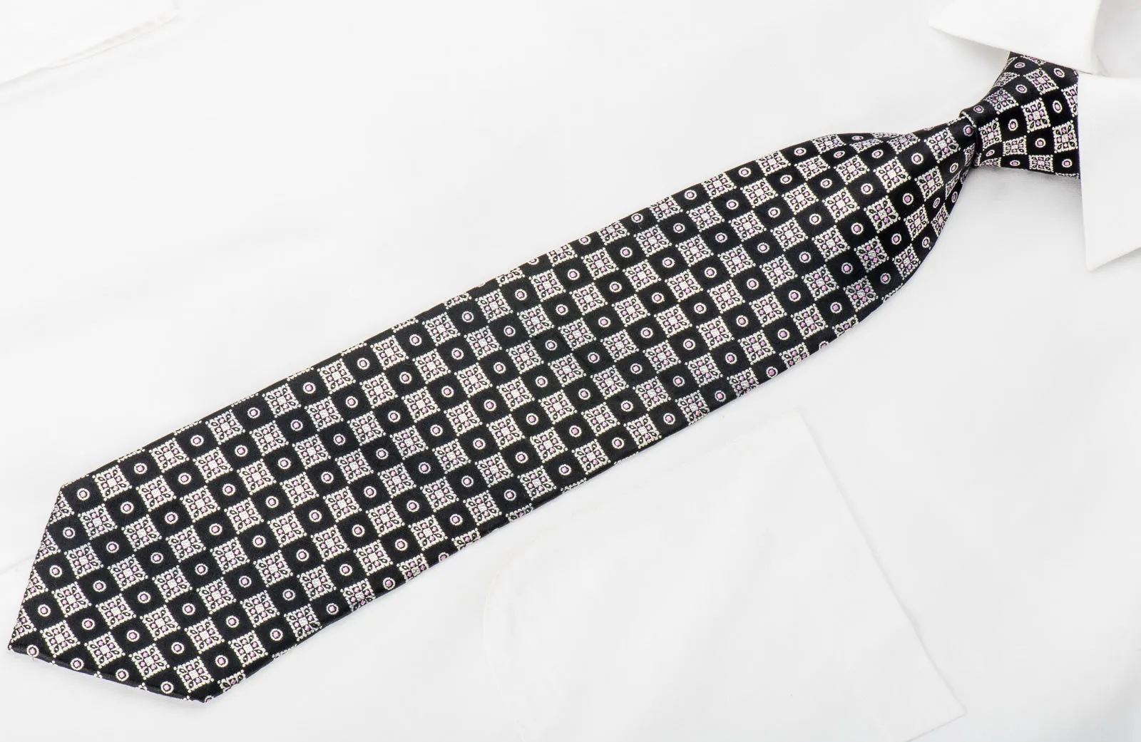 Renoma Men's Silk Tie Silver Checker On Black With Silver Sparkles