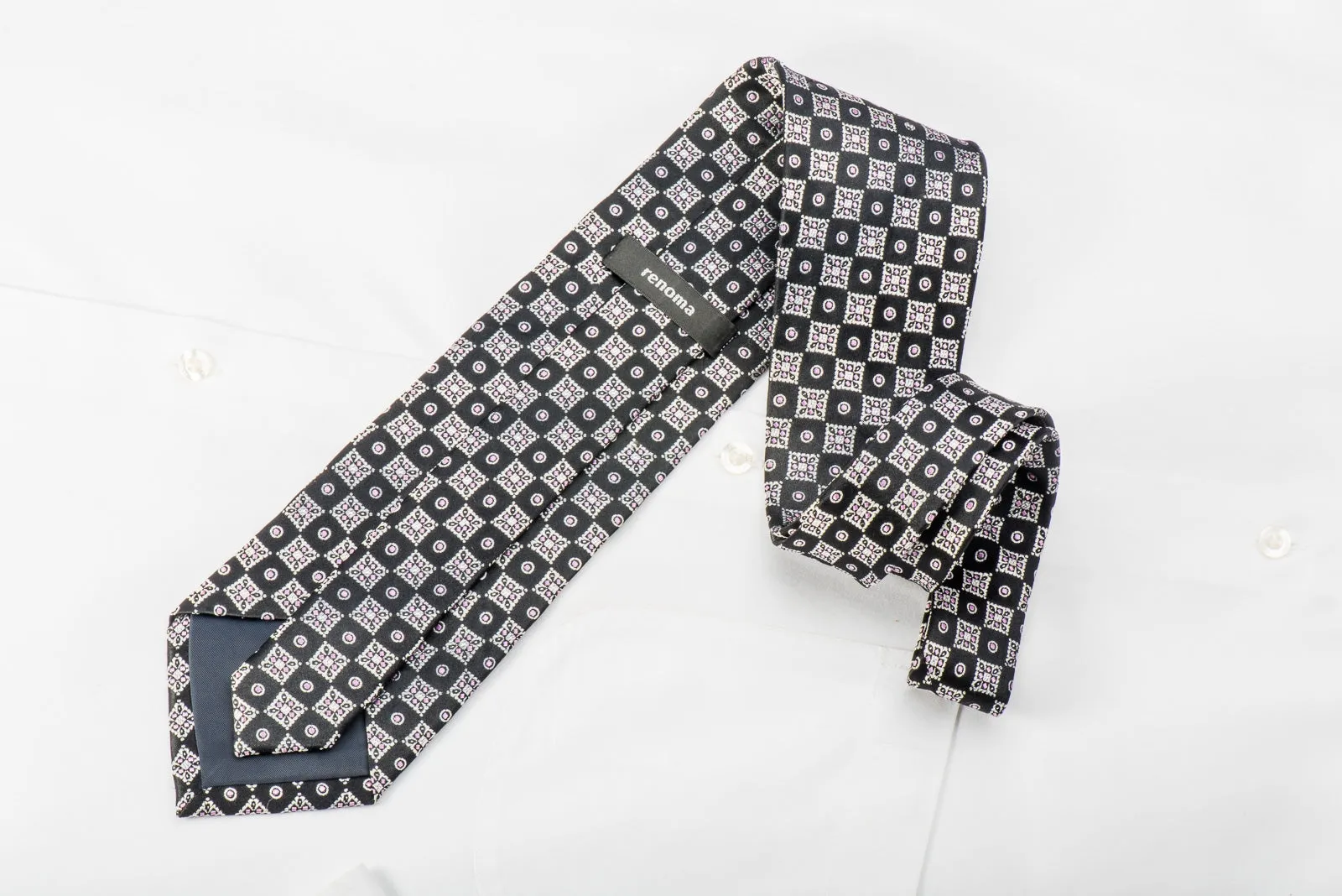 Renoma Men's Silk Tie Silver Checker On Black With Silver Sparkles