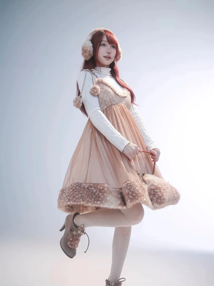 [Rose Island] Fairy Spirit Little Deer in flower field faux fur earmuffs ear warmer