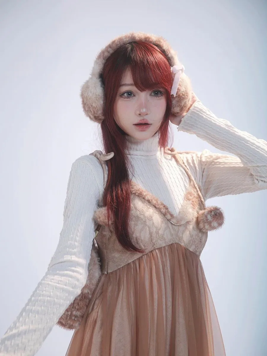 [Rose Island] Fairy Spirit Little Deer in flower field faux fur earmuffs ear warmer
