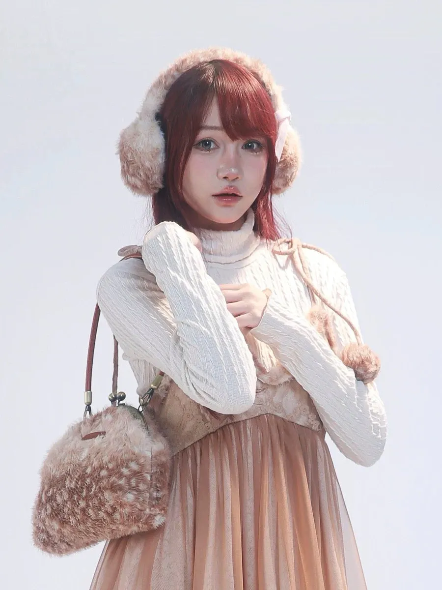 [Rose Island] Fairy Spirit Little Deer in flower field faux fur earmuffs ear warmer