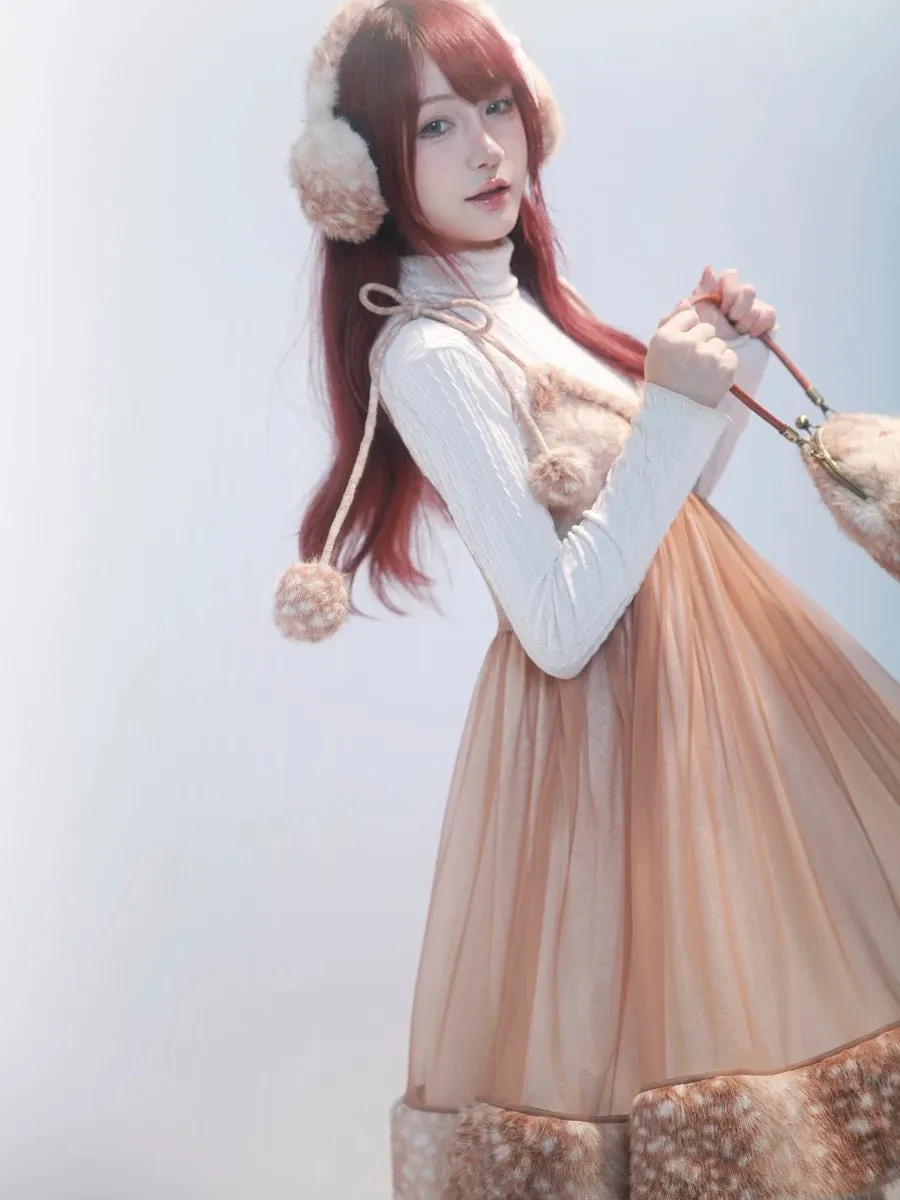 [Rose Island] Fairy Spirit Little Deer in flower field faux fur earmuffs ear warmer