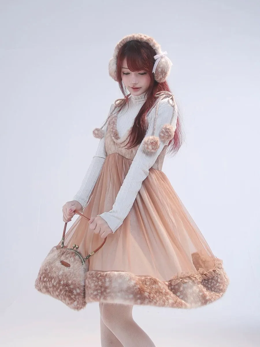 [Rose Island] Fairy Spirit Little Deer in flower field faux fur earmuffs ear warmer