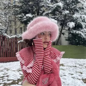 Tavimart Fluffy Faux Fur Bucket Hat Winter Padded Hat Ear Protection Basin Hat Japanese Warm Cold-proof Hat Thicken Fashion Earmuffs Hat