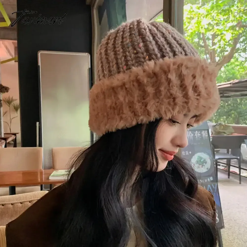 Tavimart Fluffy Faux Fur Bucket Hat Winter Padded Hat Ear Protection Basin Hat Japanese Warm Cold-proof Hat Thicken Fashion Earmuffs Hat