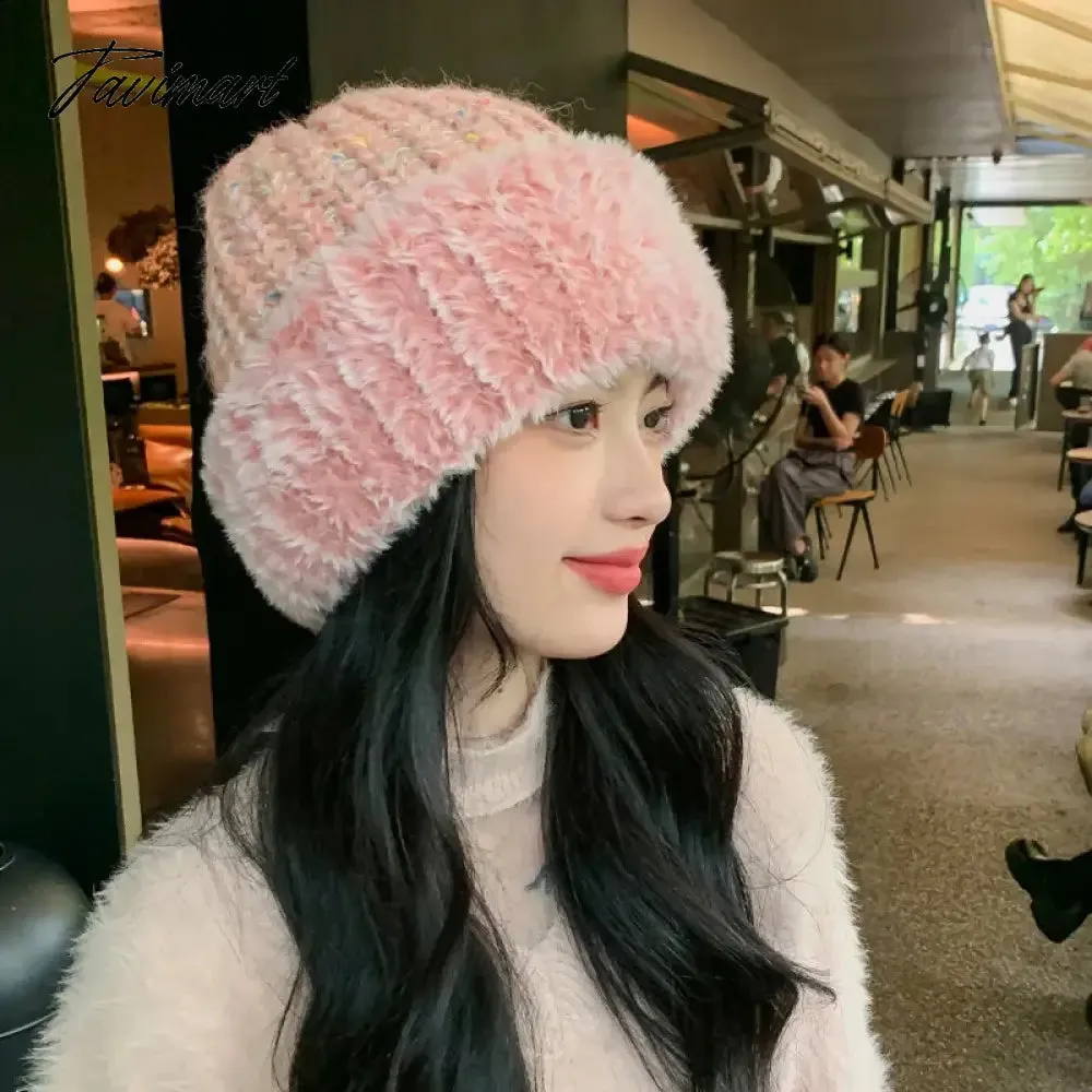 Tavimart Fluffy Faux Fur Bucket Hat Winter Padded Hat Ear Protection Basin Hat Japanese Warm Cold-proof Hat Thicken Fashion Earmuffs Hat