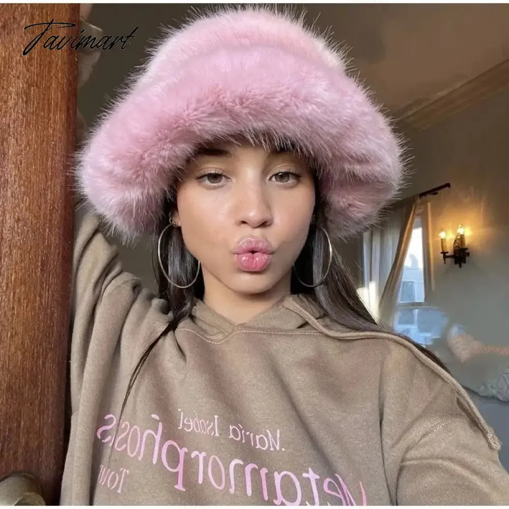 Tavimart Fluffy Faux Fur Bucket Hat Winter Padded Hat Ear Protection Basin Hat Japanese Warm Cold-proof Hat Thicken Fashion Earmuffs Hat