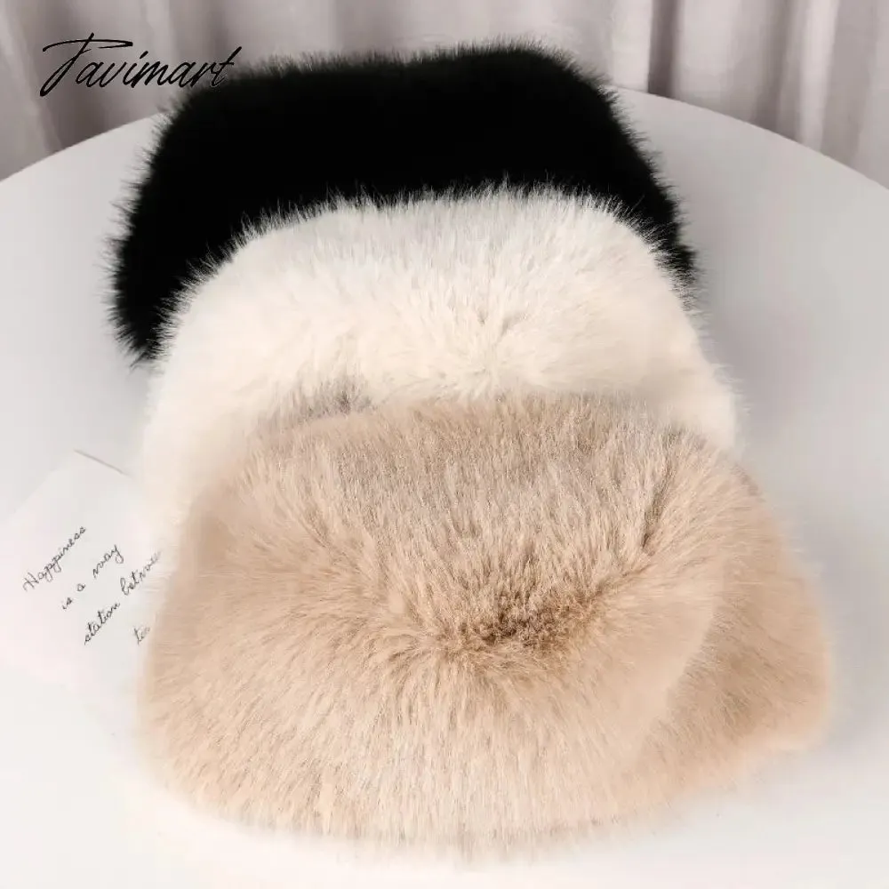Tavimart Fluffy Faux Fur Bucket Hat Winter Padded Hat Ear Protection Basin Hat Japanese Warm Cold-proof Hat Thicken Fashion Earmuffs Hat