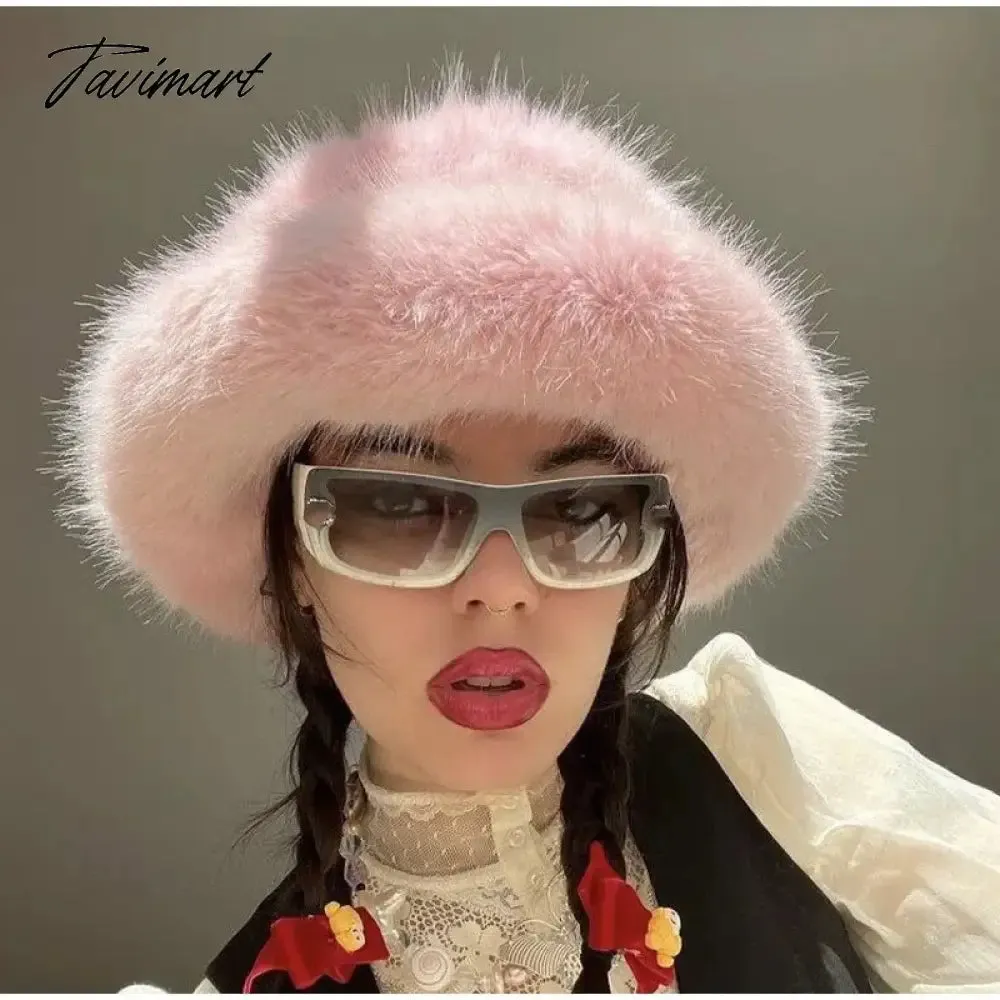 Tavimart Fluffy Faux Fur Bucket Hat Winter Padded Hat Ear Protection Basin Hat Japanese Warm Cold-proof Hat Thicken Fashion Earmuffs Hat