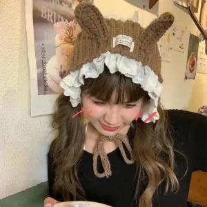 TAVIMART  -  Korean Handmade Crochet Rabbit Ears Lace Earmuffs Autumn and Winter Street Cute Sweet Knitted Lace Warm Headband for Women